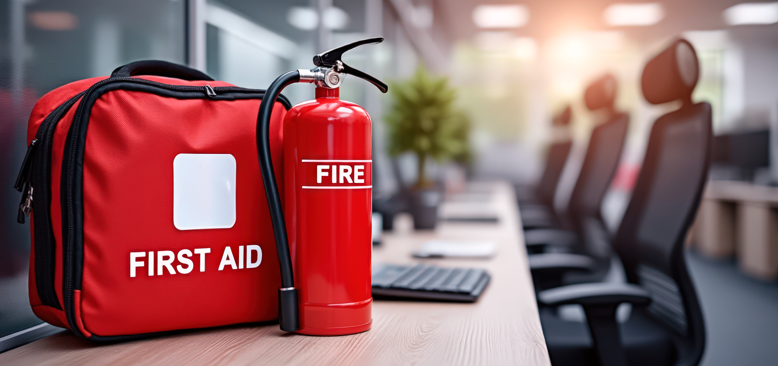 UK office safety setup showing fire extinguisher and first aid kit on desk, highlighting workplace health and safety compliance.