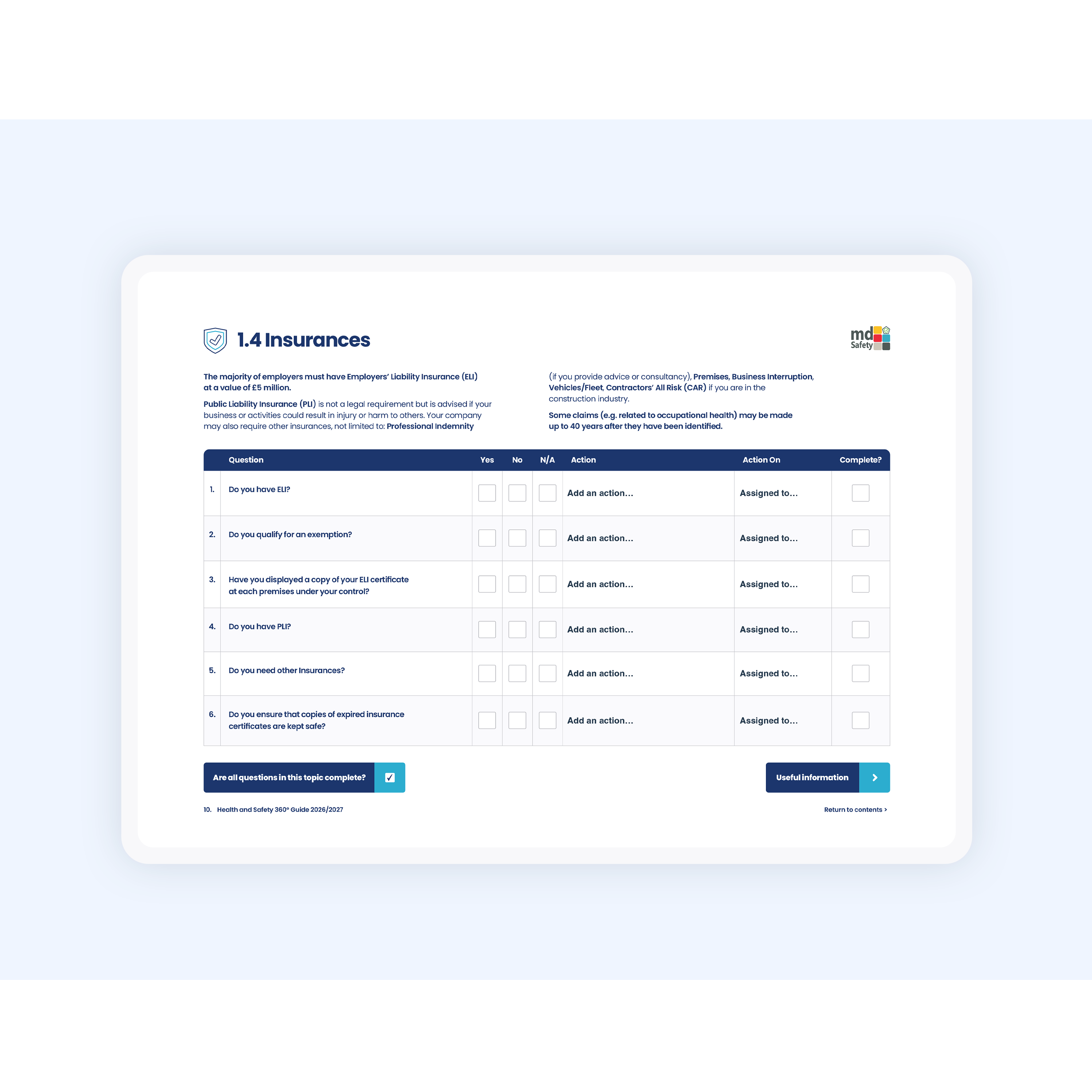 A digital preview of a page from the Health and Safety 360 Guide, titled '1.4 Insurances' with blue text, checkboxes, and buttons, centered on a light blue background.