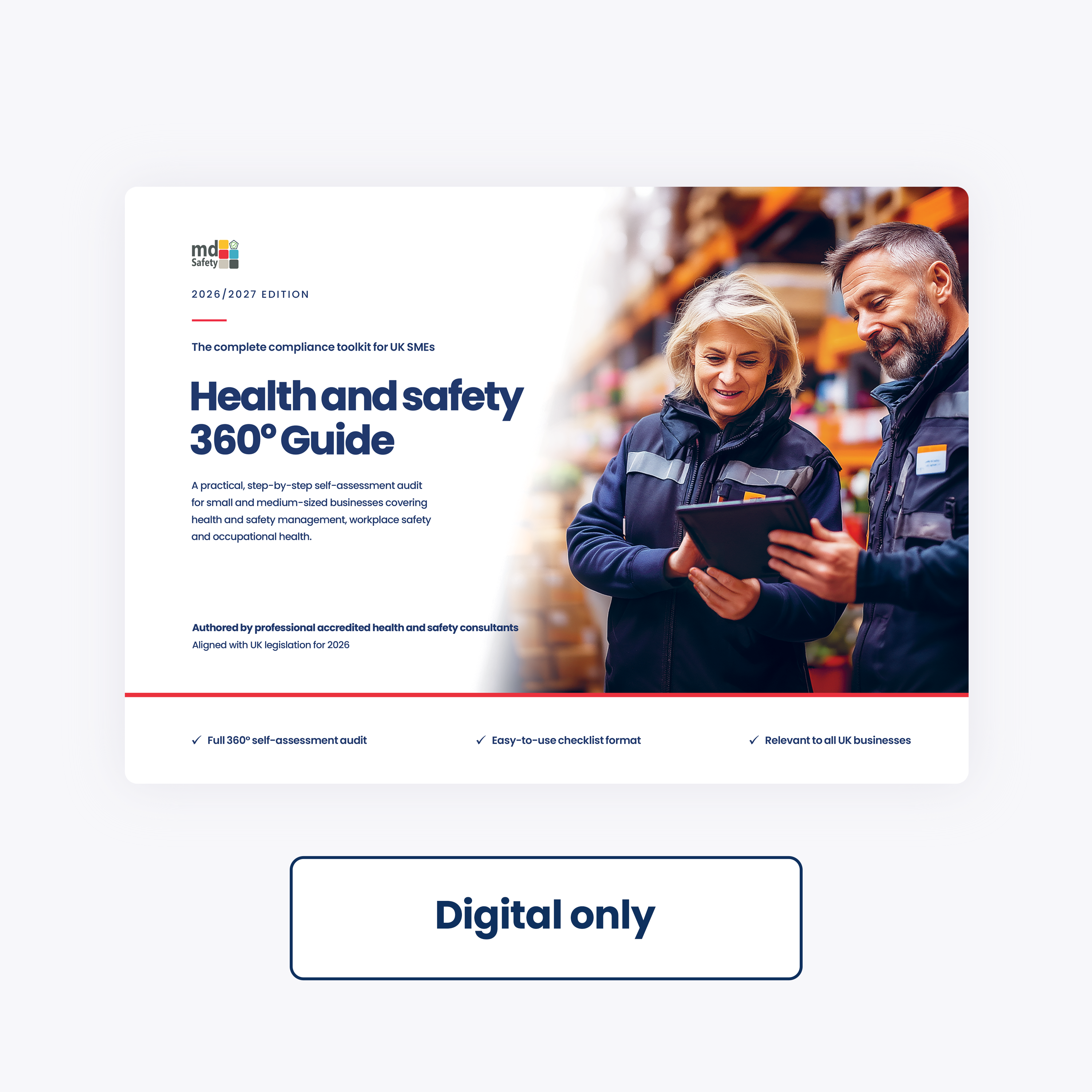 A digital cover preview for a 'Health and safety 360° Guide' with a photo of two people in workwear on the cover, plus a large 'Digital only' label below on a light gray background.