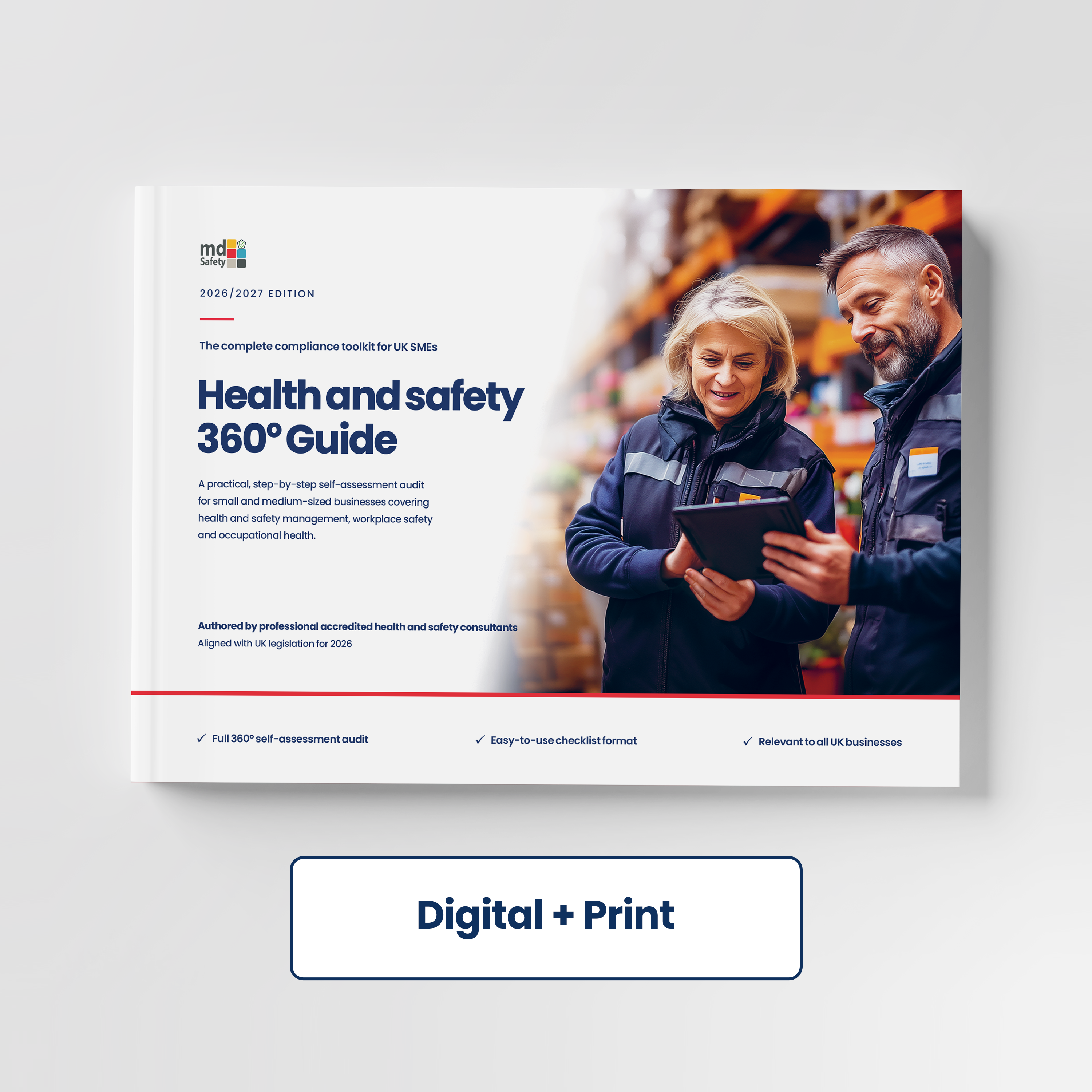 A booklet cover for the UK Health and Safety 360° Guide shown on a light gray background, with a white button below reading 'Digital + Print'. The booklet cover features a photo of two people in high-visibility clothing holding a tablet, with the title in large blue text and a small multicolor logo at the top left.