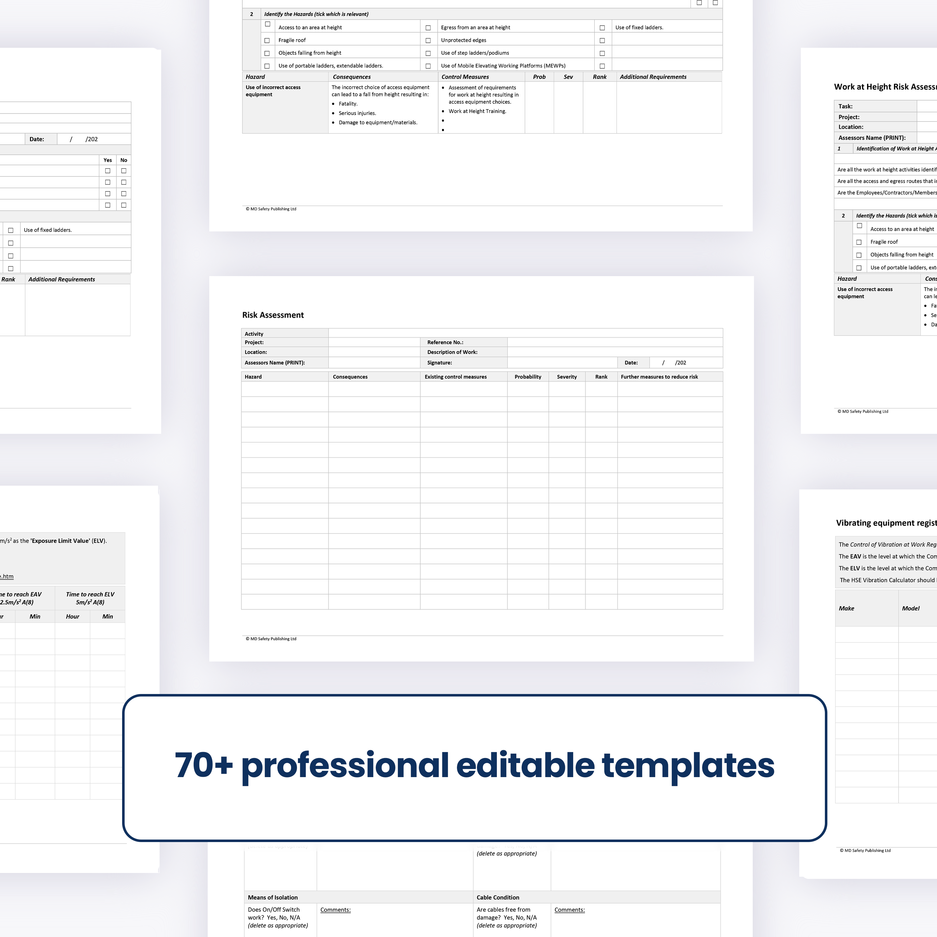 A collage of white document template pages arranged on a light gray background, with a large rounded text banner reading '70+ professional editable templates.' The pages appear to be forms, reports, or checklist templates in a clean digital layout.