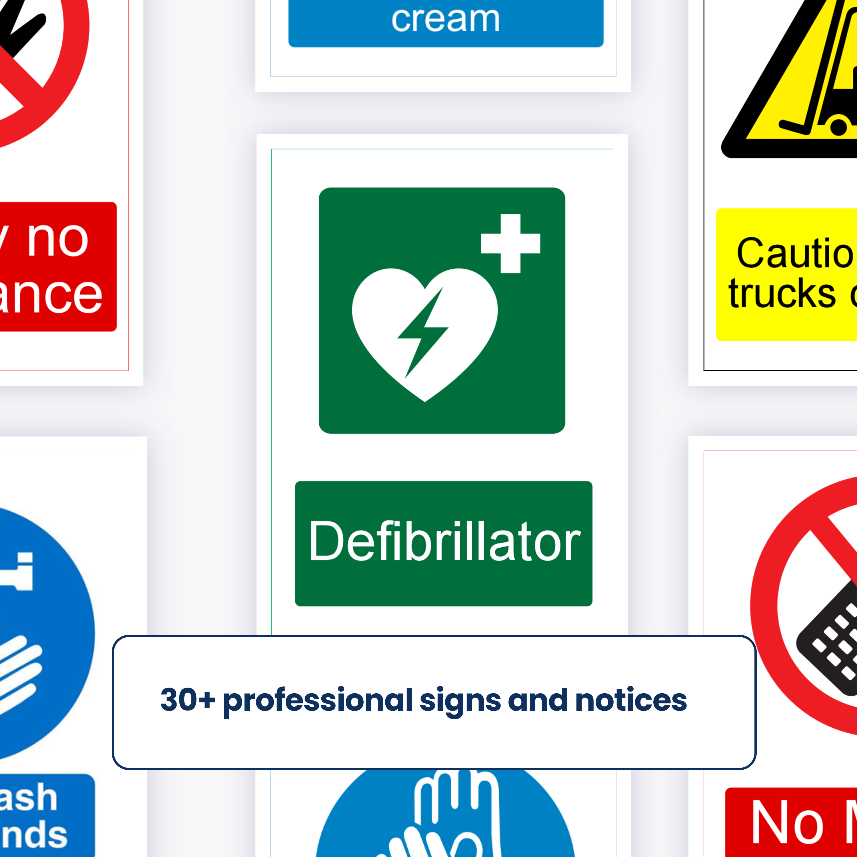 A collage of emergency and safety sign graphics on a white background, including a green defibrillator symbol with the word 'Defibrillator' below it, plus partial other signs such as no smoking, caution, and hands icons. Text at the bottom reads '30+ professional signs and notices'.